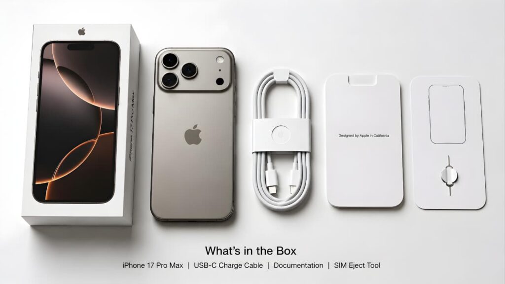 Apple iPhone 17 Pro Max Review showing what's in the box including USB-C cable and documentation