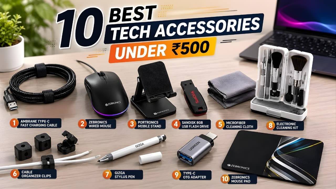 10 Best Amazon Tech Accessories Under ₹500 in India including charging cable, wired mouse, mobile stand, USB flash drive, stylus pen, cleaning kit, OTG adapter, cable organizer and mouse pad.
