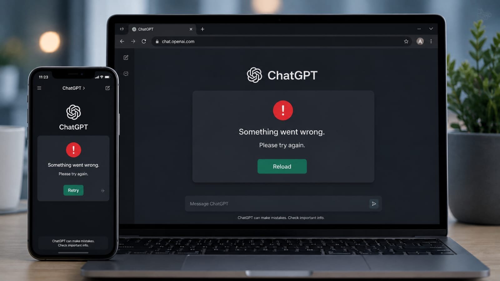 ChatGPT Something Went Wrong error displayed on laptop and mobile screen with troubleshooting solutions.