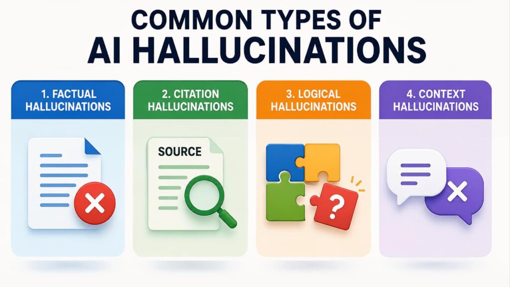 Common types of AI hallucinations including factual, citation, logical, and context hallucinations
