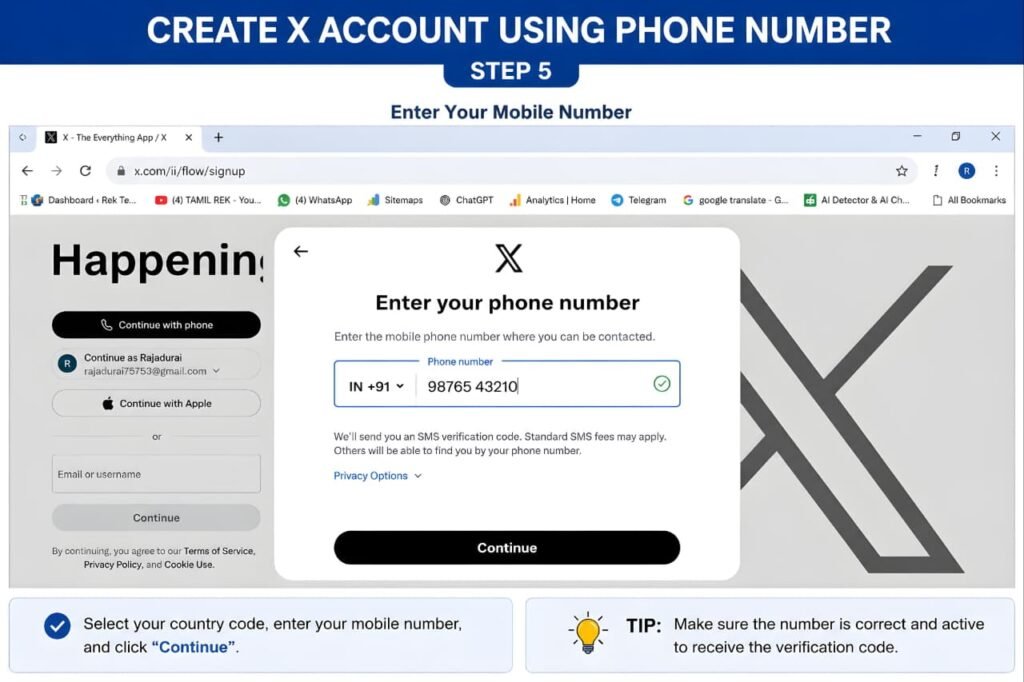 Entering a mobile phone number and country code during X account registration