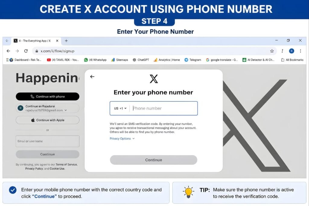 Entering a mobile phone number during the X account registration process