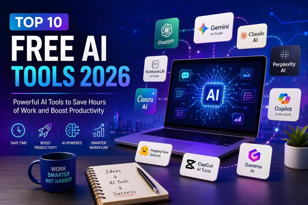 Free AI Tools 2026 featuring ChatGPT, Gemini, Claude, Perplexity, Canva AI, CapCut and other productivity AI platforms