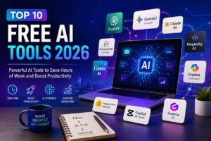 Free AI Tools 2026 featuring ChatGPT, Gemini, Claude, Perplexity, Canva AI, CapCut and other productivity AI platforms