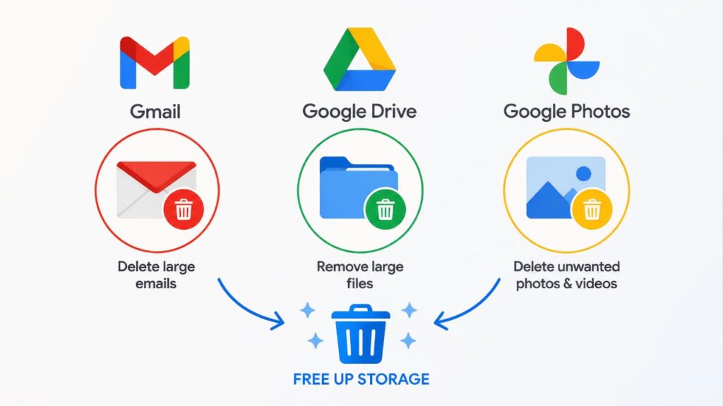 Free Up Google Account Storage by cleaning Gmail Google Drive and Google Photos files