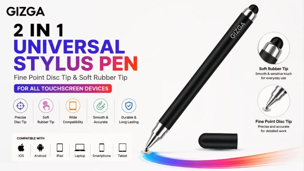 GIZGA 2 in 1 Universal Stylus Pen with Fine Point Disc Tip and Soft Rubber Tip for iPad, iPhone, Android Smartphones, Tablets and Touchscreen Devices