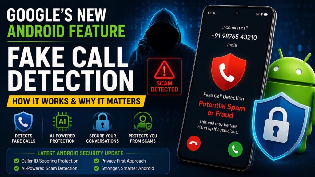 Google Android Fake Call Detection feature showing AI-powered scam call protection, caller ID spoofing detection, and Android security updates for preventing fraudulent phone calls.