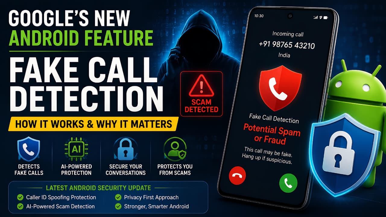 Google Android Fake Call Detection feature showing AI-powered scam call protection, caller ID spoofing detection, and Android security updates for preventing fraudulent phone calls.