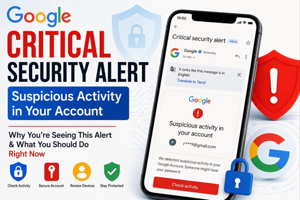 Google Critical Security Alert showing suspicious activity detected in a Google account with security warning, account protection tips, and account recovery guidance.
