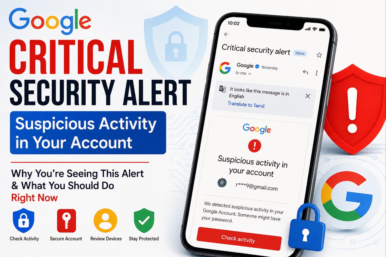 Google Critical Security Alert showing suspicious activity detected in a Google account with security warning, account protection tips, and account recovery guidance.