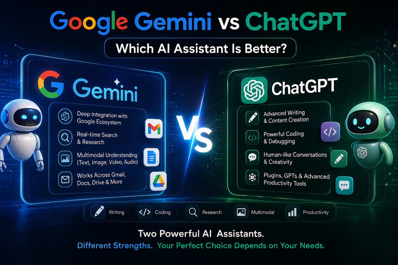 Google Gemini vs ChatGPT comparison showing AI features, coding, content writing, research capabilities, and productivity tools