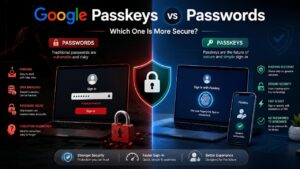 Google Passkeys vs Passwords comparison showing secure passwordless authentication and stronger account security