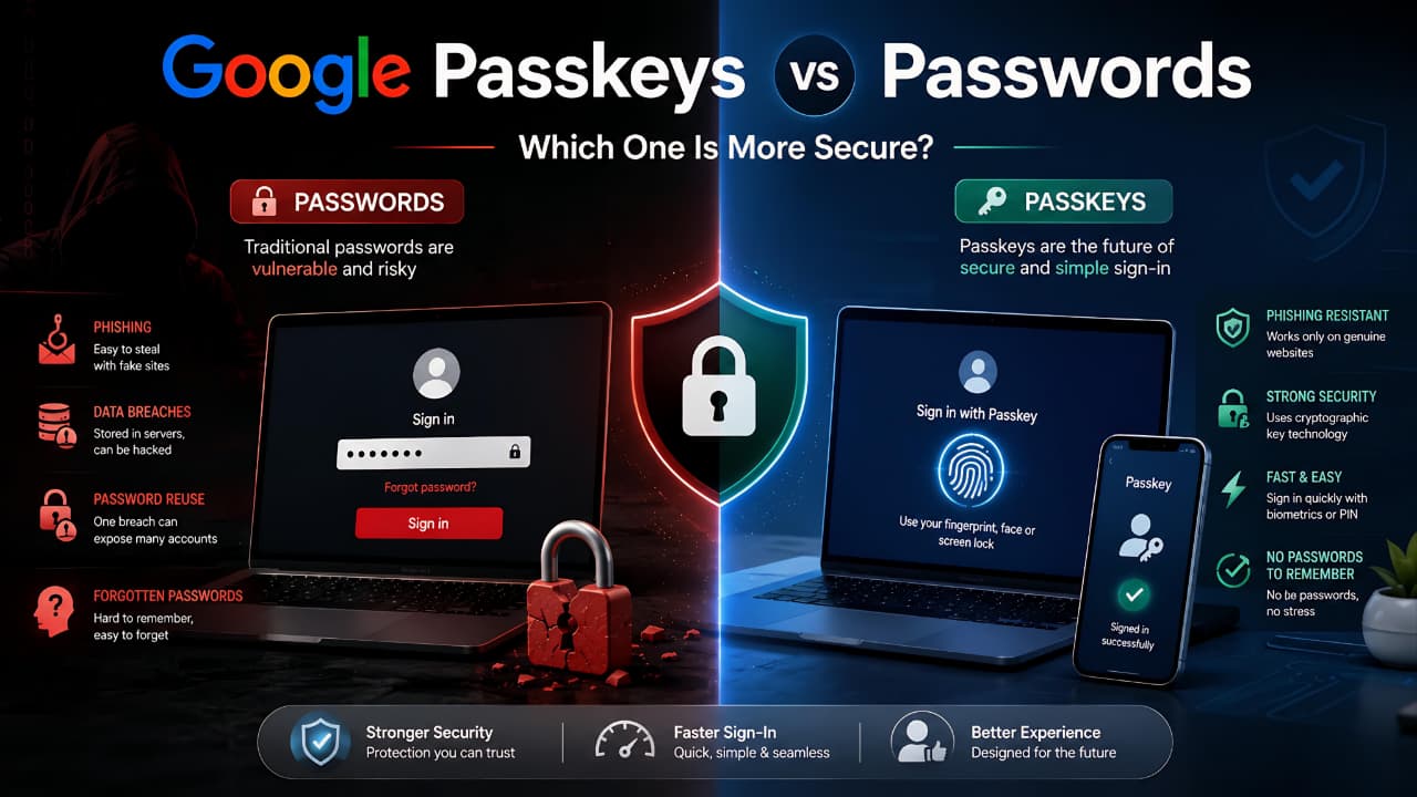 Google Passkeys vs Passwords comparison showing secure passwordless authentication and stronger account security