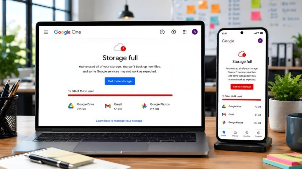 Google Storage Full warning displayed on laptop and mobile device showing Gmail, Google Drive, and Google Photos storage usage