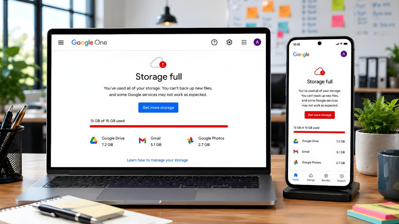 Google Storage Full warning displayed on laptop and mobile device showing Gmail, Google Drive, and Google Photos storage usage