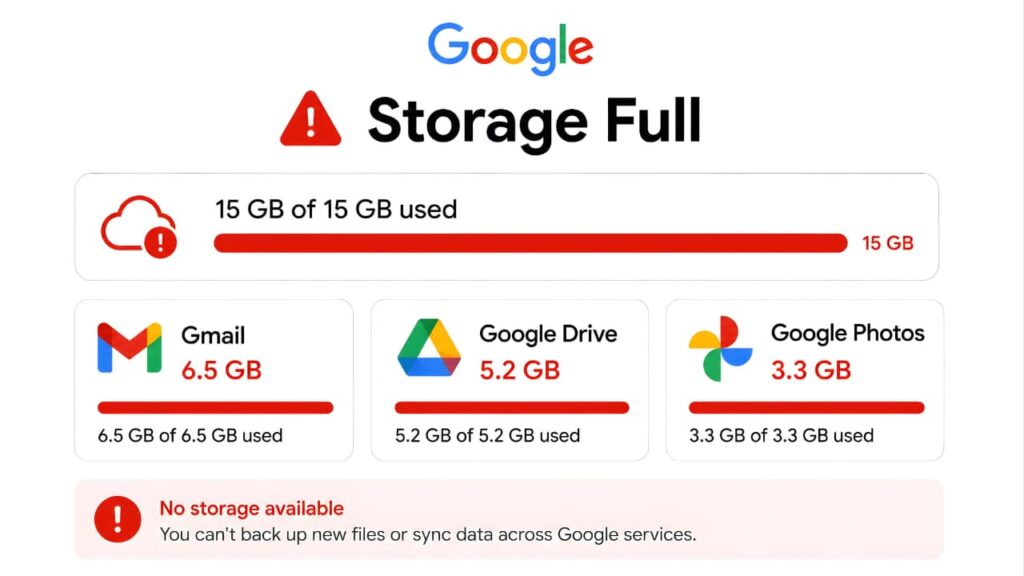 Google Storage Full dashboard showing Gmail Google Drive and Google Photos storage usage breakdown