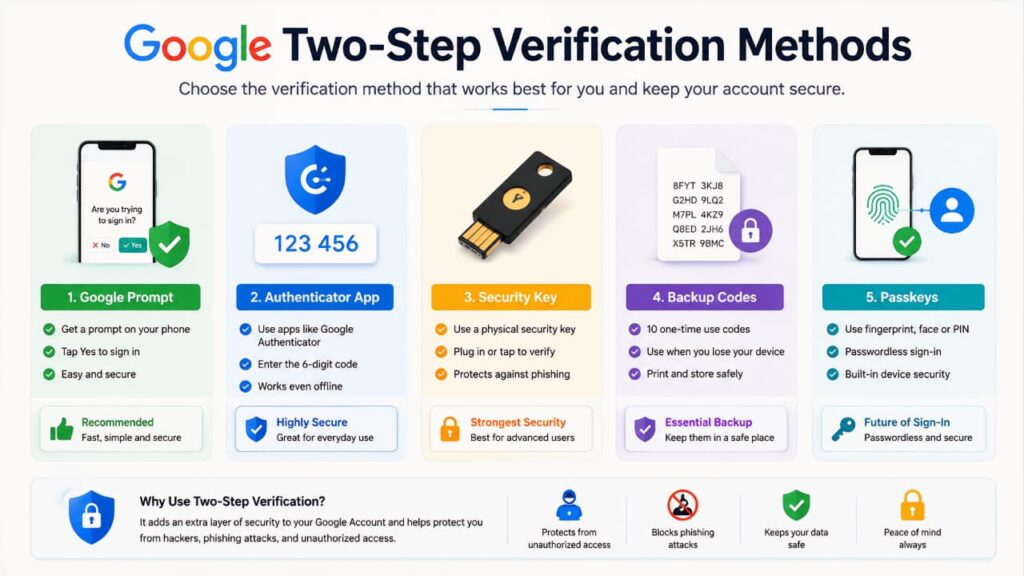 Google Two-Step Verification methods comparison including Google Prompt Authenticator App Security Key Backup Codes and Passkeys