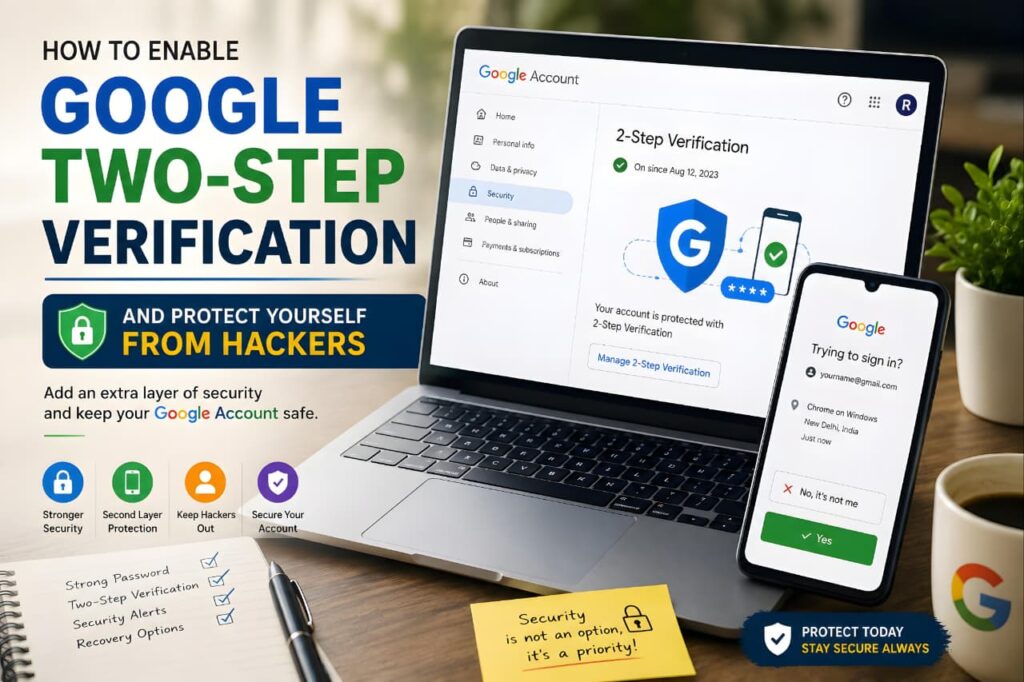 Google Two-Step Verification guide showing account security protection from hackers using two-factor authentication