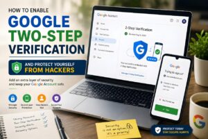 Google Two-Step Verification guide showing account security protection from hackers using two-factor authentication