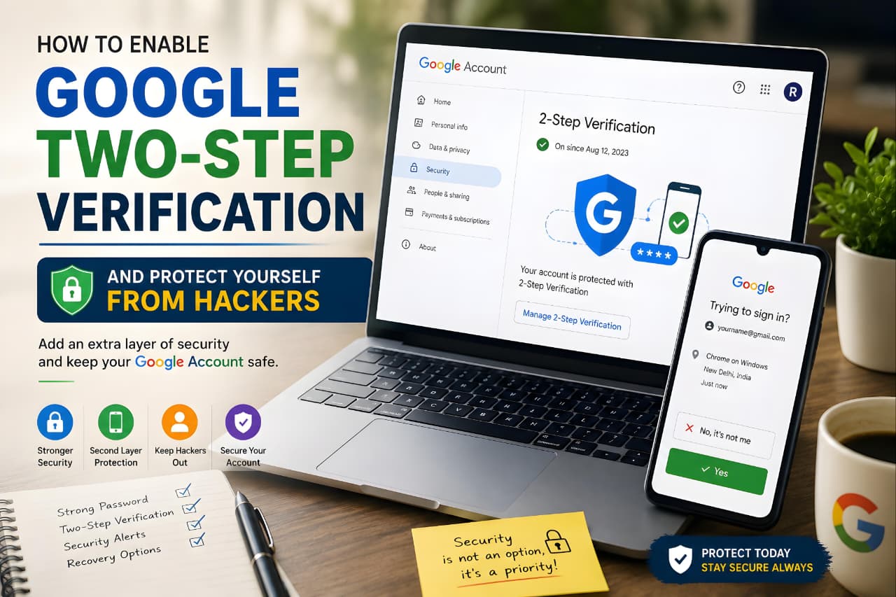 Google Two-Step Verification guide showing account security protection from hackers using two-factor authentication