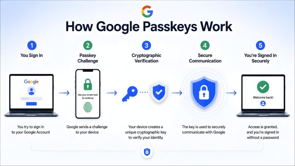 How Google Passkeys work using secure device authentication and passwordless sign-in