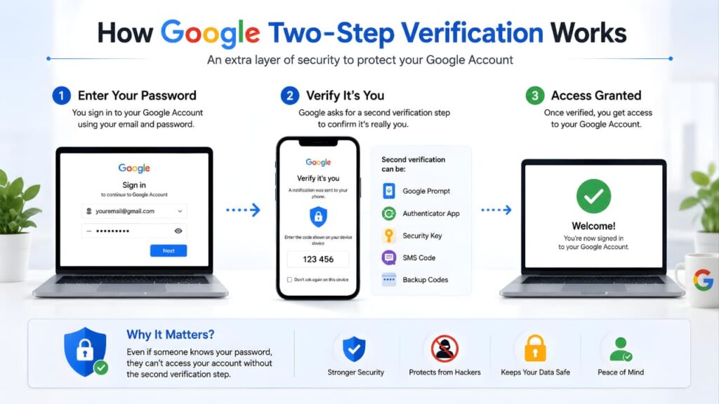 How Google Two-Step Verification works with password verification and secure account access
