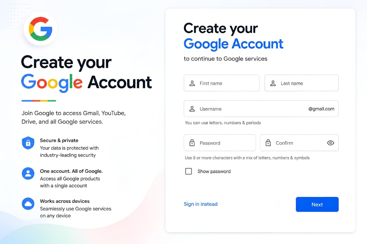 How to Create a Google Account with step-by-step Google Account sign up interface and account creation form