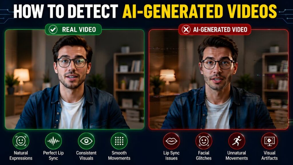 How to detect AI-generated videos by identifying lip sync issues, facial glitches, and visual artifacts