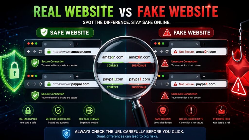 Real URL vs fake URL website comparison showing how to identify fake websites