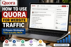 How to use Quora for website traffic showing Quora platform, SEO strategies, audience growth, and website traffic generation techniques