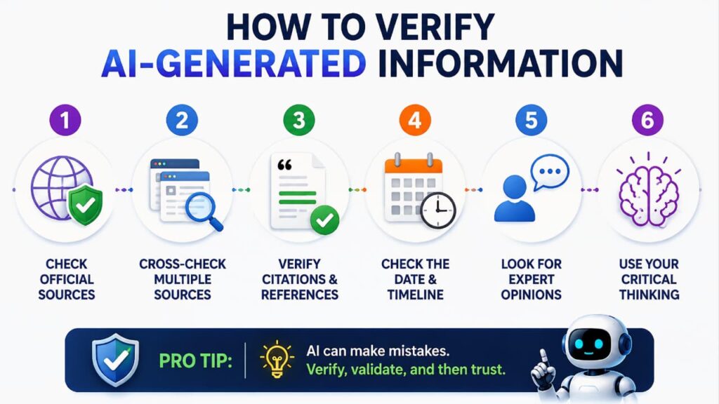How to verify AI-generated information using official sources, fact-checking, and source verification methods