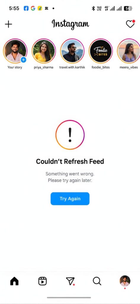 Instagram app displaying the Couldn't Refresh Feed error message with a Try Again button