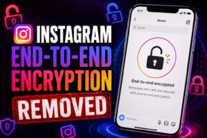 Instagram End-to-End Encryption Removed showing Instagram DM security changes, unlocked encryption symbol, privacy concerns, and Meta messaging update.