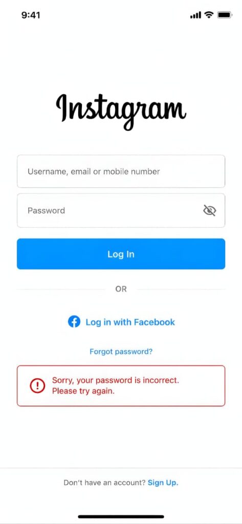 Instagram login screen showing incorrect password error message