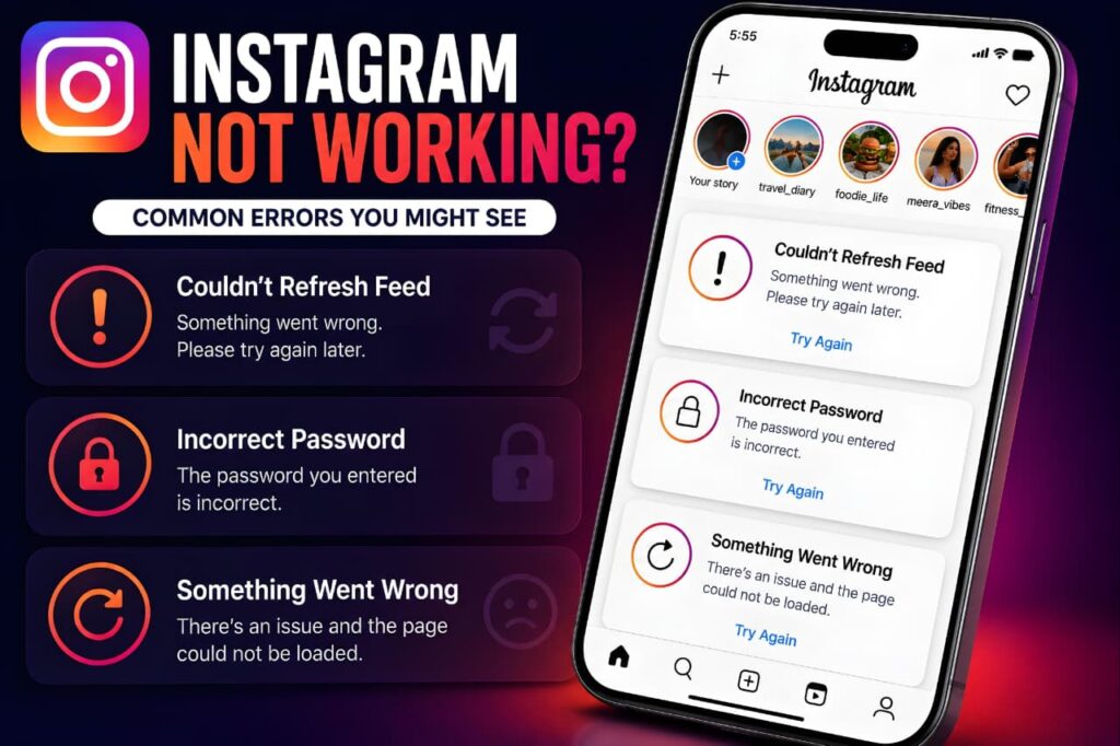 Instagram Not Working guide showing common Instagram errors including Couldn't Refresh Feed, Incorrect Password, and Something Went Wrong