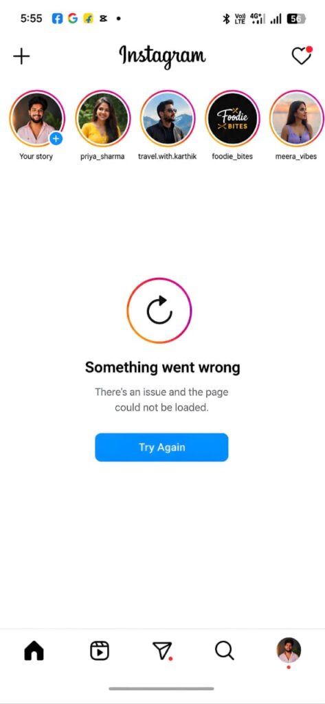Instagram app displaying the Something Went Wrong error message with a Try Again button