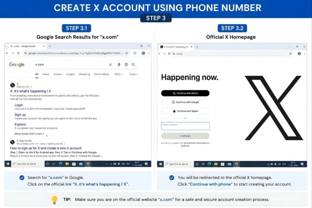 Google search results and official X homepage displayed during the X account registration process