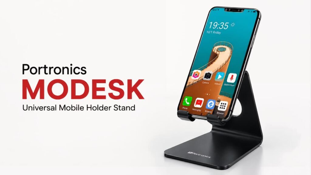 Portronics MODESK Universal Mobile Holder Stand with metal body and anti-skid design for smartphones, tablets, Kindle and iPad
