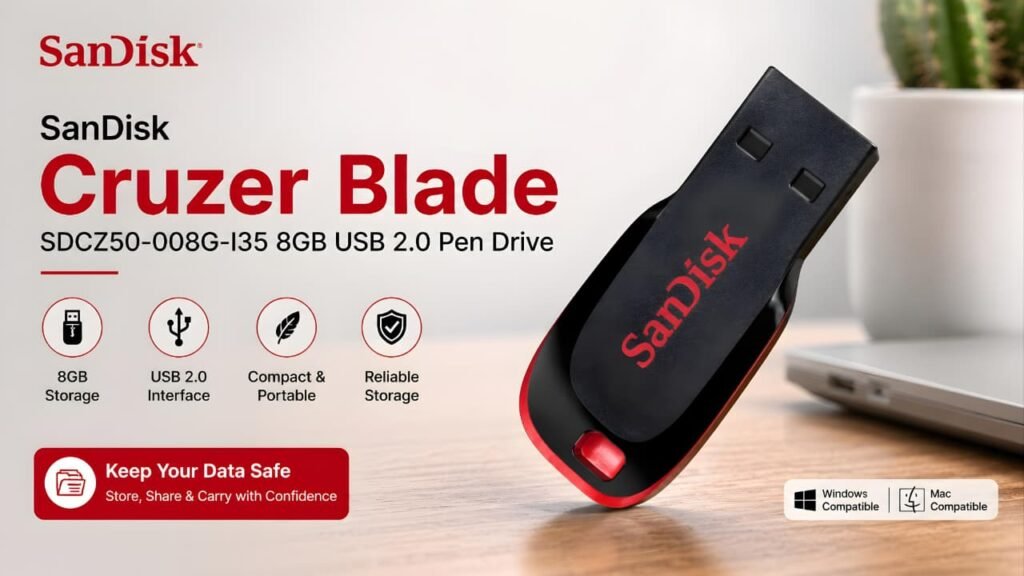 SanDisk Cruzer Blade SDCZ50-008G-I35 8GB USB 2.0 Pen Drive with compact portable design for storing and transferring files