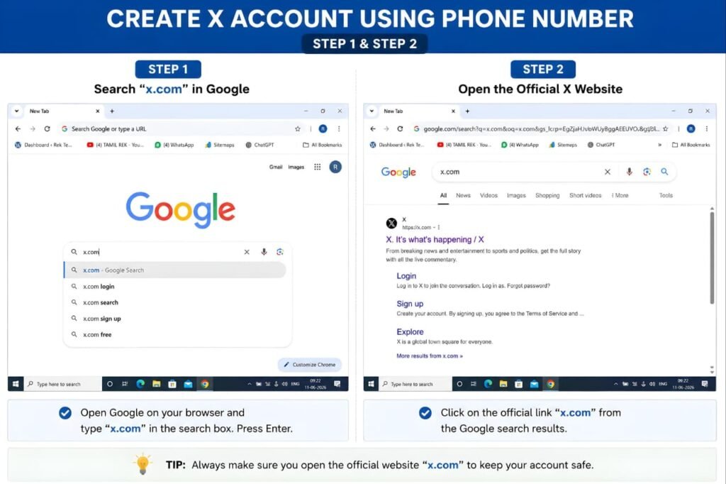 Create X account using phone number by searching x.com in Google and opening the official X website