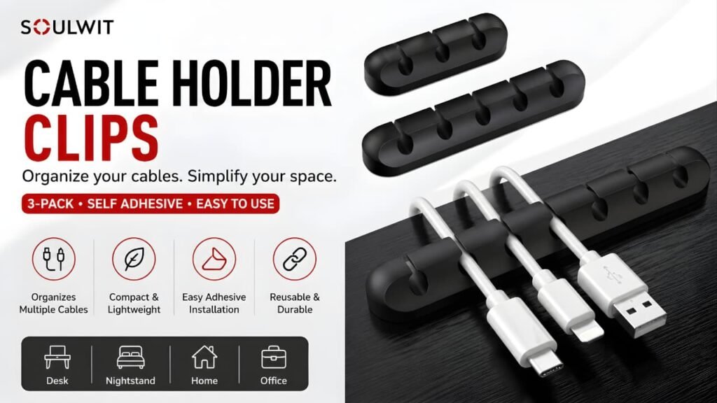 SOULWIT Cable Holder Clips 3 Pack self adhesive cable organizer for USB cables, charging cables, earphones, mouse cables, and desk cable management