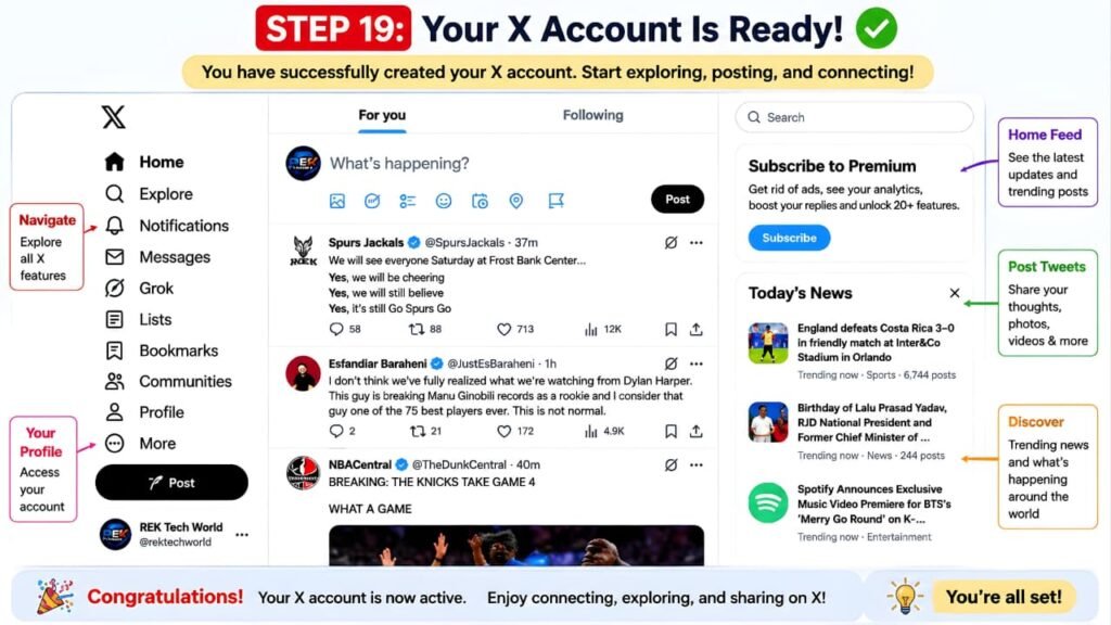 X account successfully created and home feed displayed after completing the account setup process