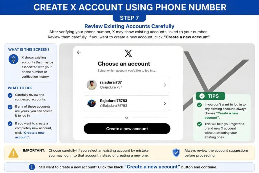 Review existing account suggestions carefully before creating a new X account using a phone number