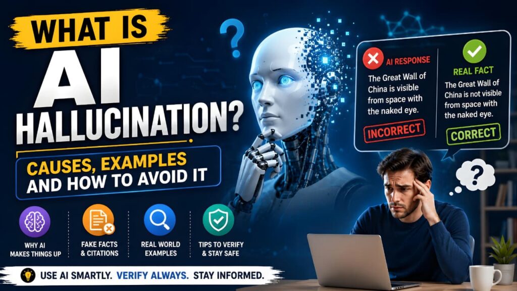 What Is AI Hallucination explained with AI-generated mistakes, fake facts, and fact-checking examples