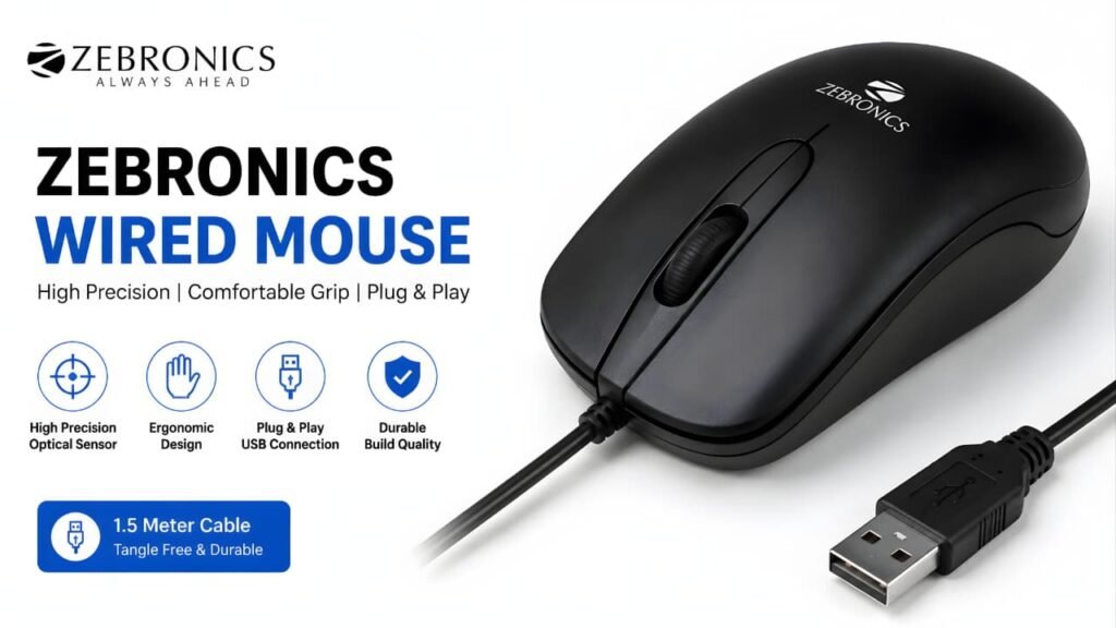 Zebronics Wired USB Mouse with ergonomic design, high precision optical sensor, and plug-and-play support under ₹500.