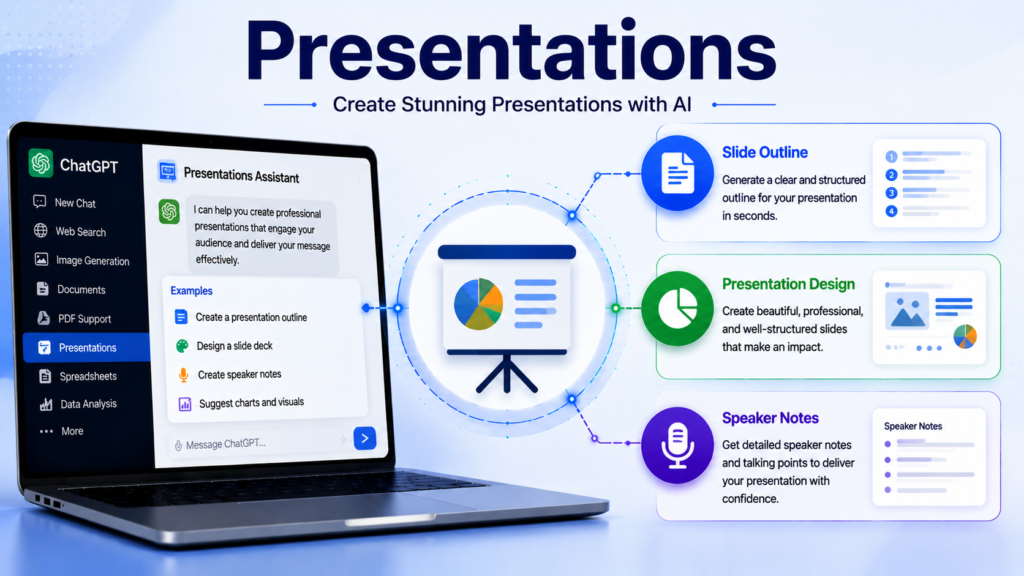 ChatGPT Presentations Tool illustration showing AI creating presentation outlines, designing slides, and generating speaker notes for professional presentations.