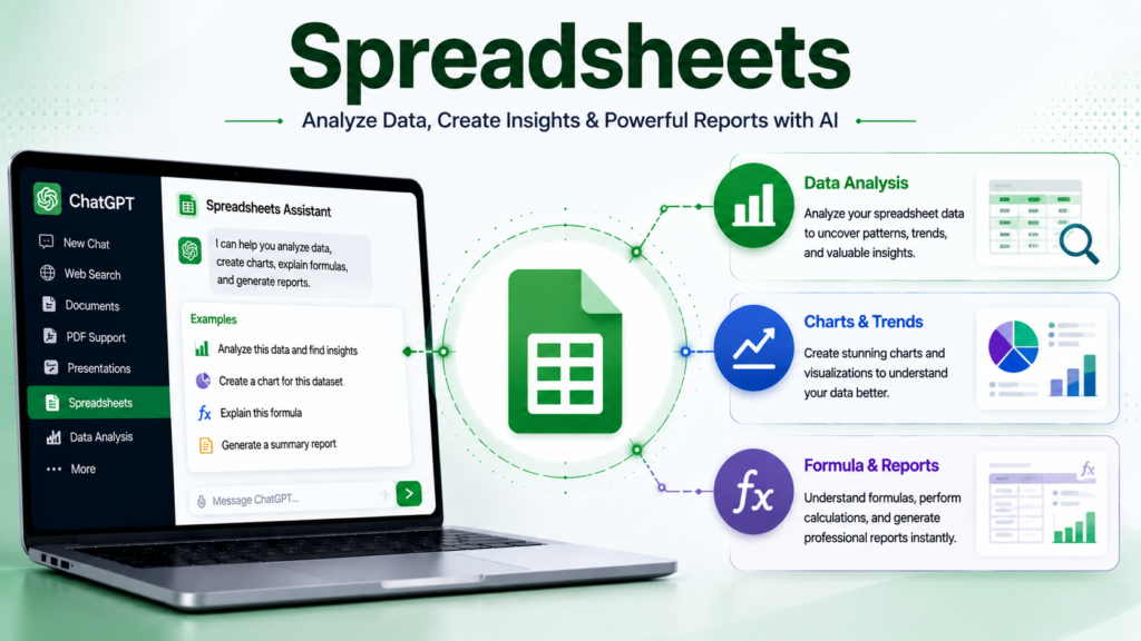 ChatGPT Spreadsheets Tool illustration showing AI analyzing spreadsheet data, creating charts, explaining formulas, and generating reports.