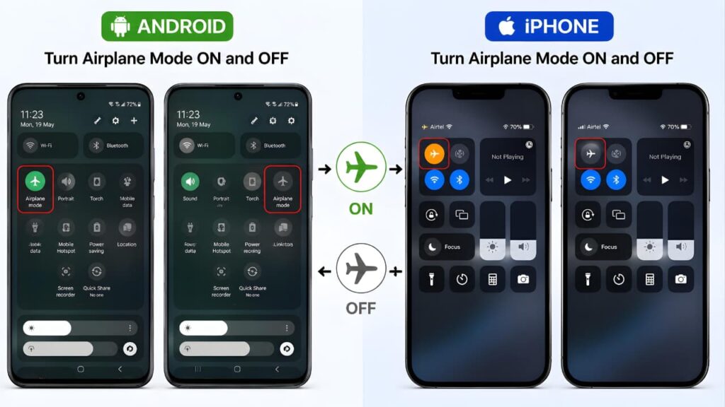 Android and iPhone Airplane Mode ON and OFF settings to fix mobile data not working issues.