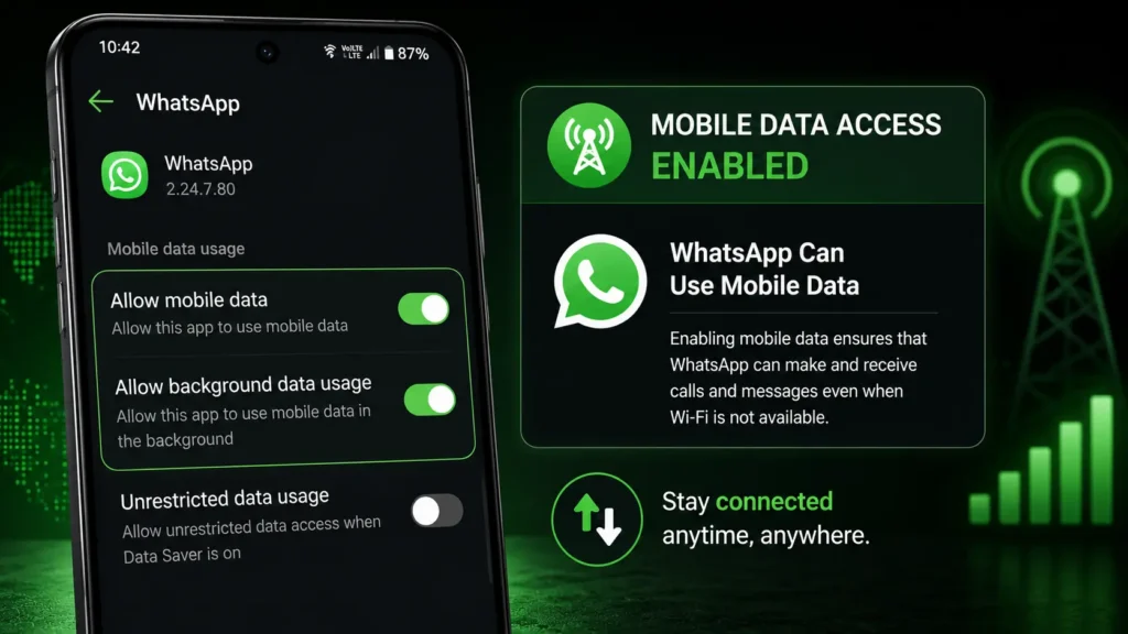 Android smartphone showing WhatsApp mobile data settings with Allow Mobile Data and Background Data enabled to fix WhatsApp call issues.