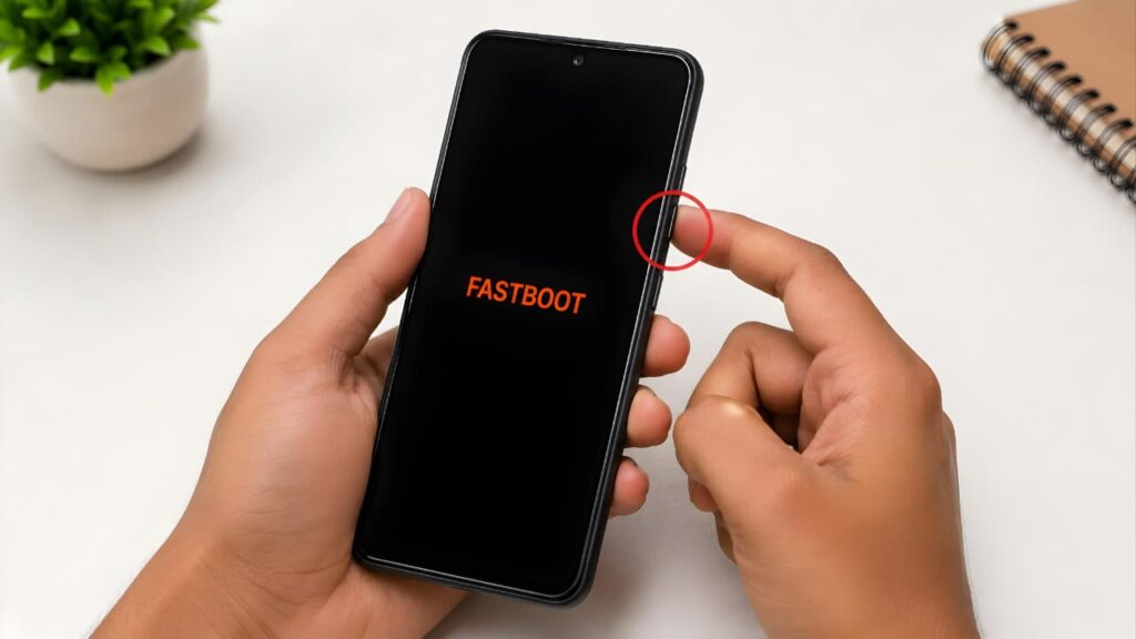 Checking the Volume Down button on an Android phone stuck in Fastboot Mode.